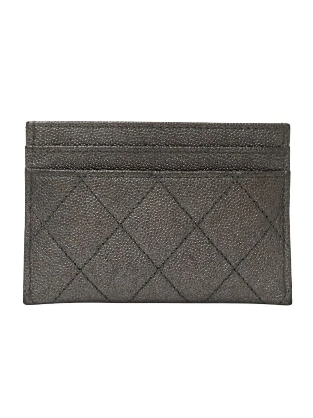 Chanel Card Case Quilted CC Filigree Caviar Leather Gray Silver Metallic